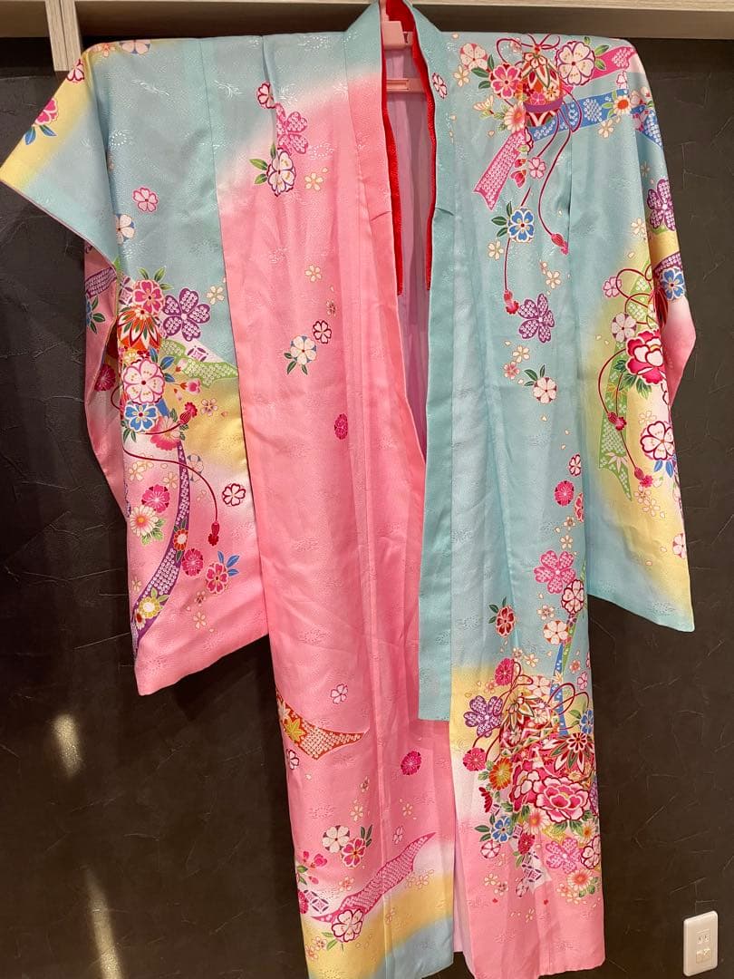 七五三用 花柄 着物 青とピンク
