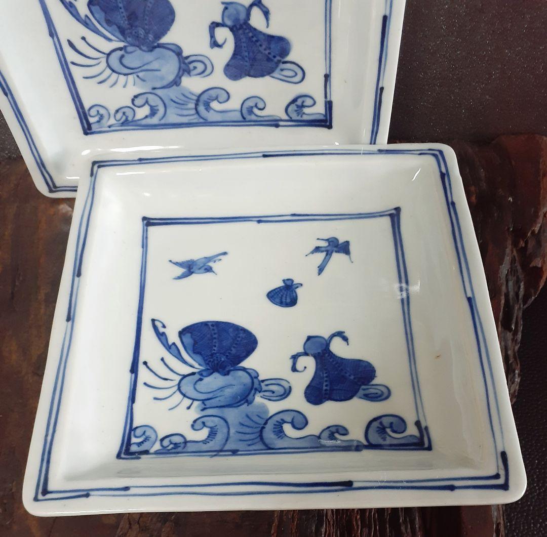 古余呂技窯】　名工　【川瀬竹春】造　中国明代　天啓染付写し　祥瑞手　角皿　菓子皿