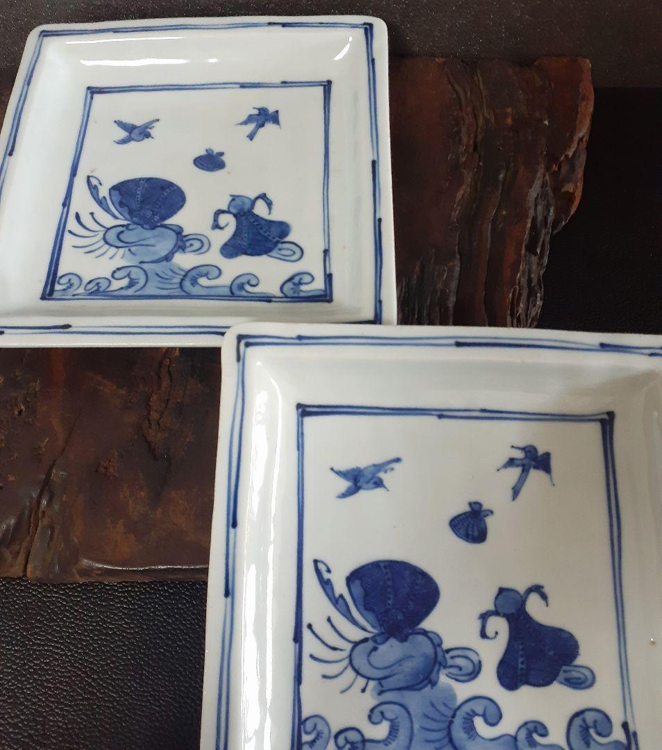 古余呂技窯】　名工　【川瀬竹春】造　中国明代　天啓染付写し　祥瑞手　角皿　菓子皿