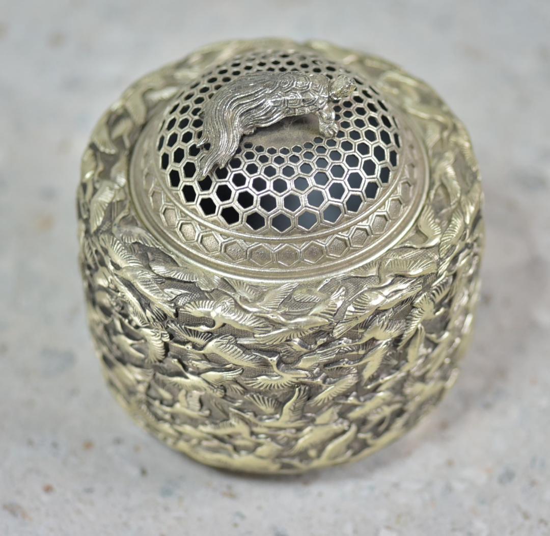 佐野宏采造（彫金作家）華鶴香炉　共箱　金属工芸