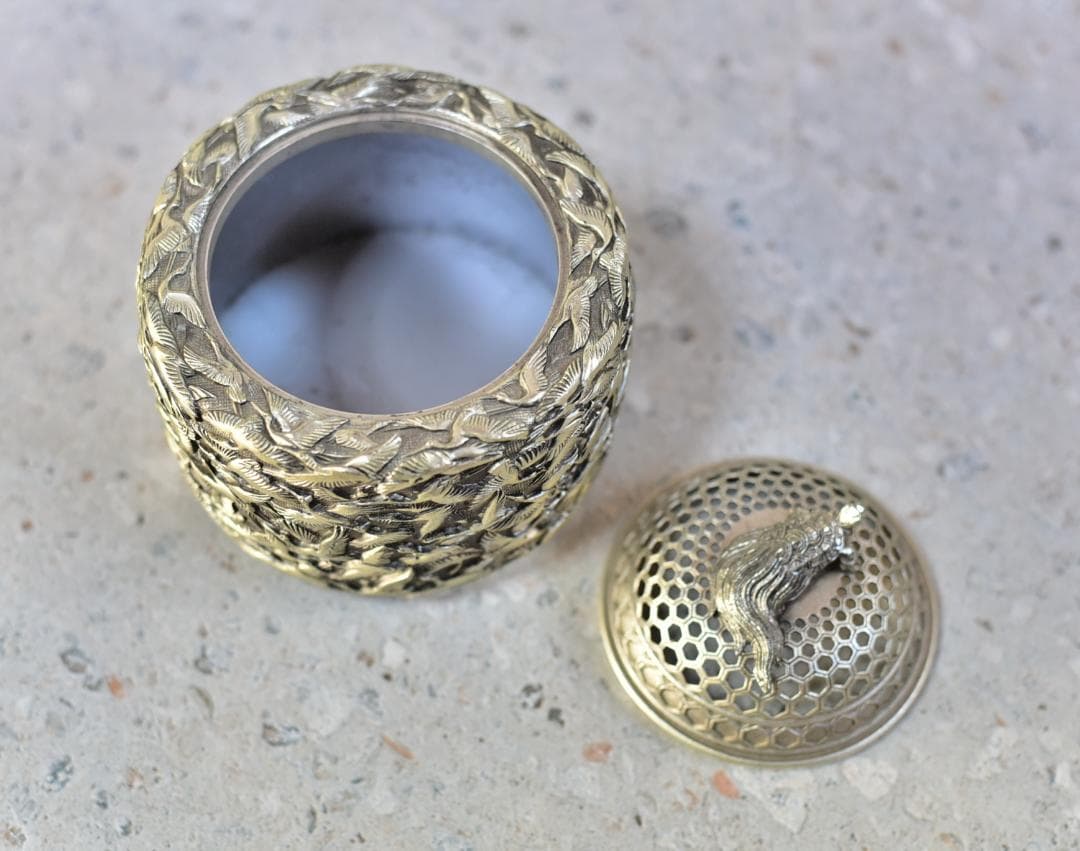 佐野宏采造（彫金作家）華鶴香炉　共箱　金属工芸