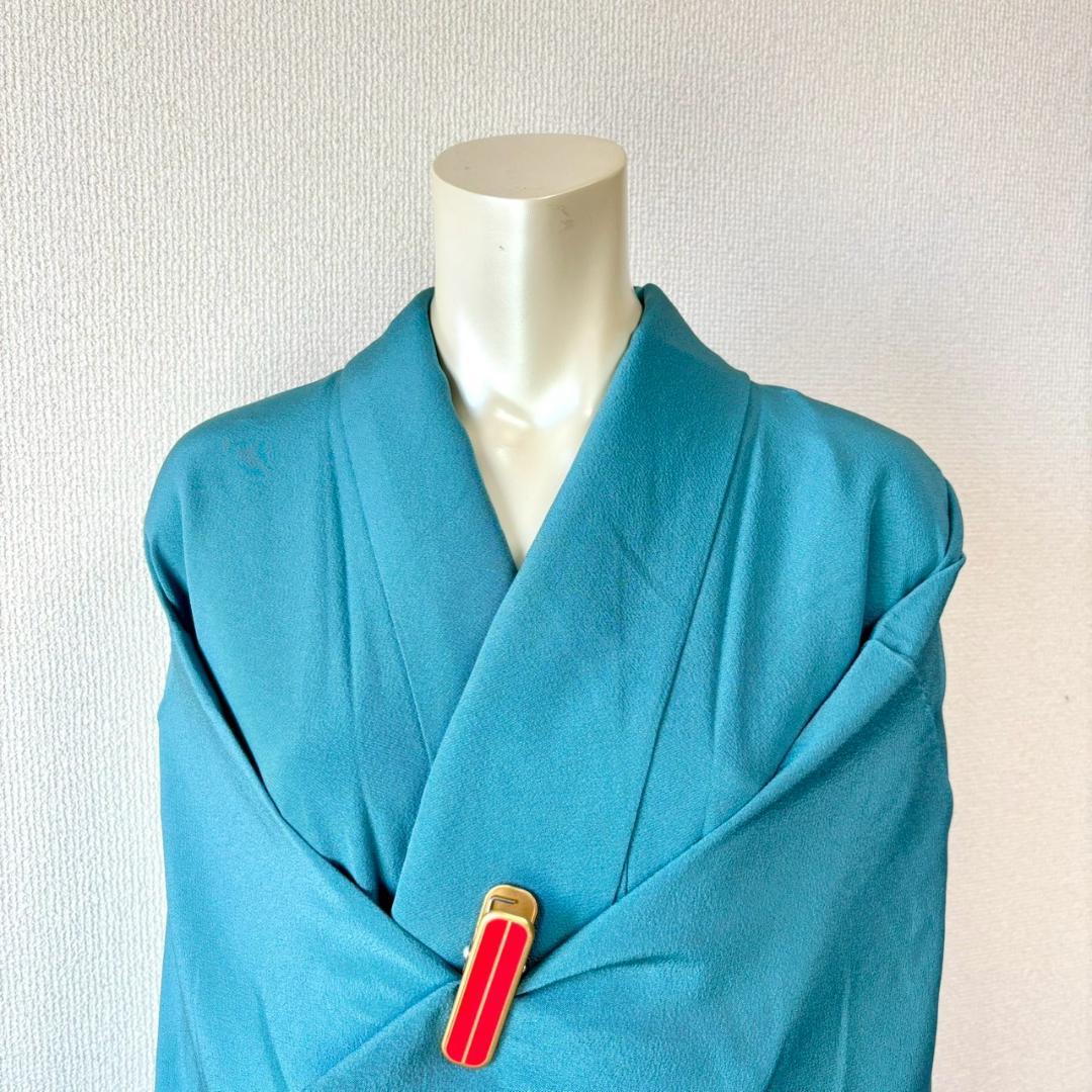 人気色 色無地 納戸色 一つ紋 正絹 広襟 袷 裄64 IS1062☆