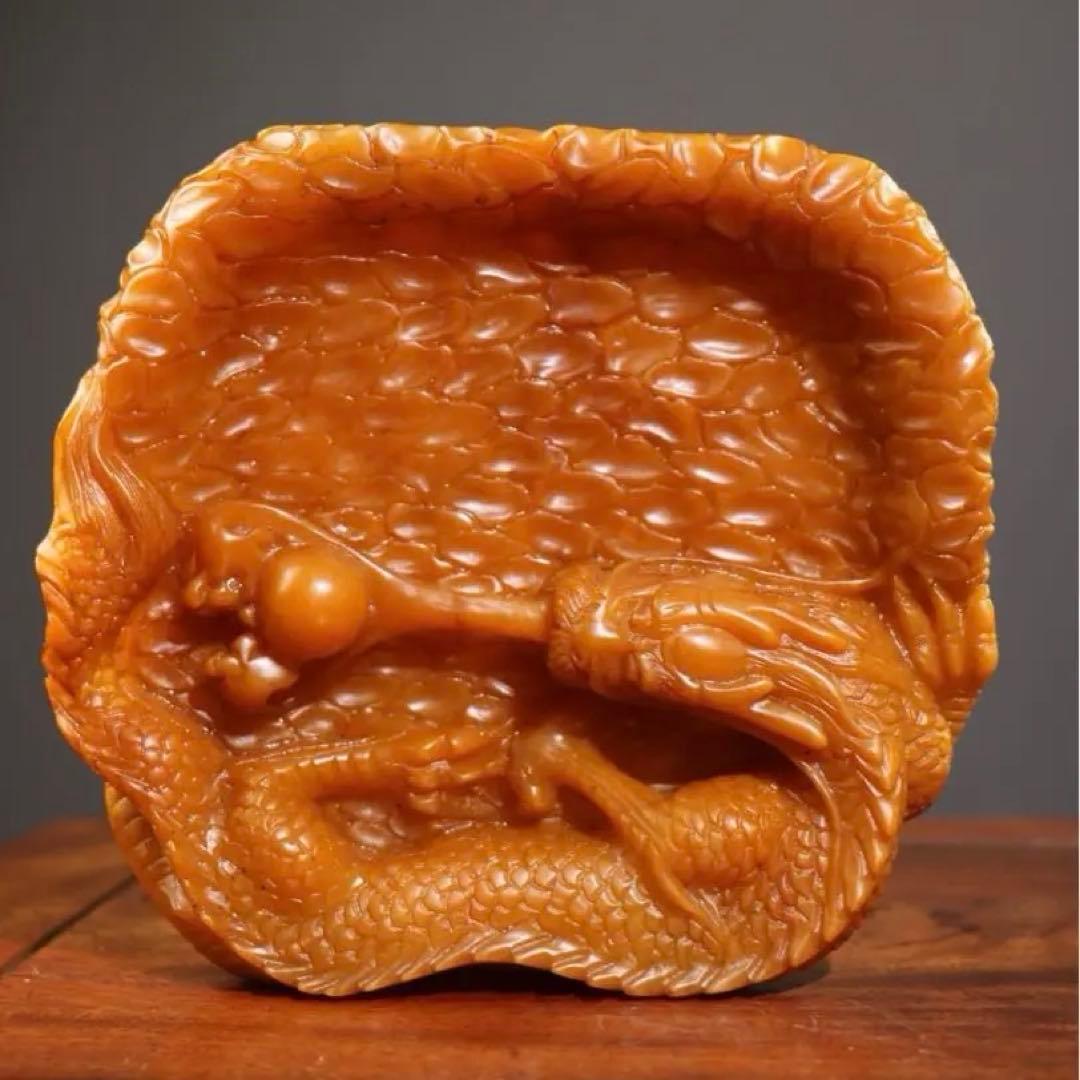 珍品 天然田黄石 水盂毛筆用 「龍騰盛世」 秋堂 作 彫刻 金龍文 文房具置物