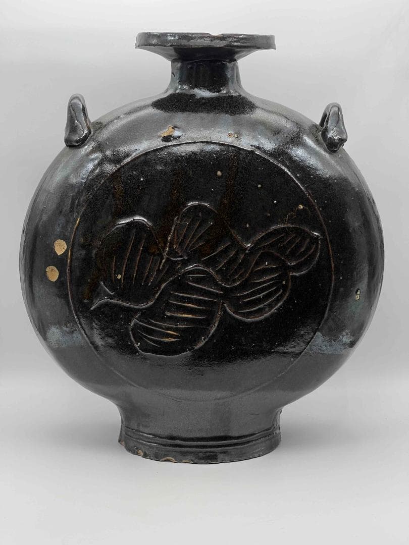 金～元時代 褐黑釉 木の葉文　大扁壺　花入　花瓶　茶道具(B-66)