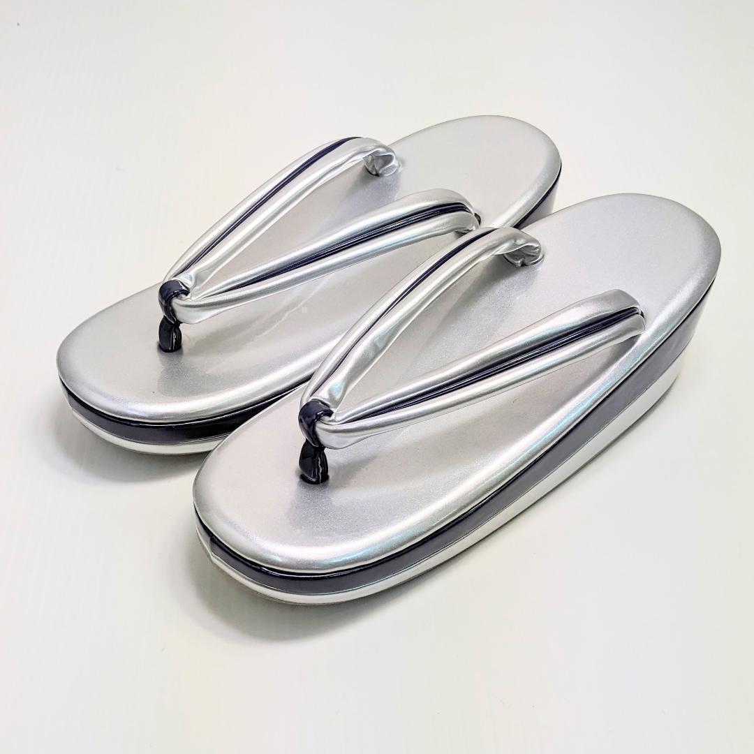 和装 草履 バッグ セット エナメル 幅広 スクエア シルバー×ネイビー k24