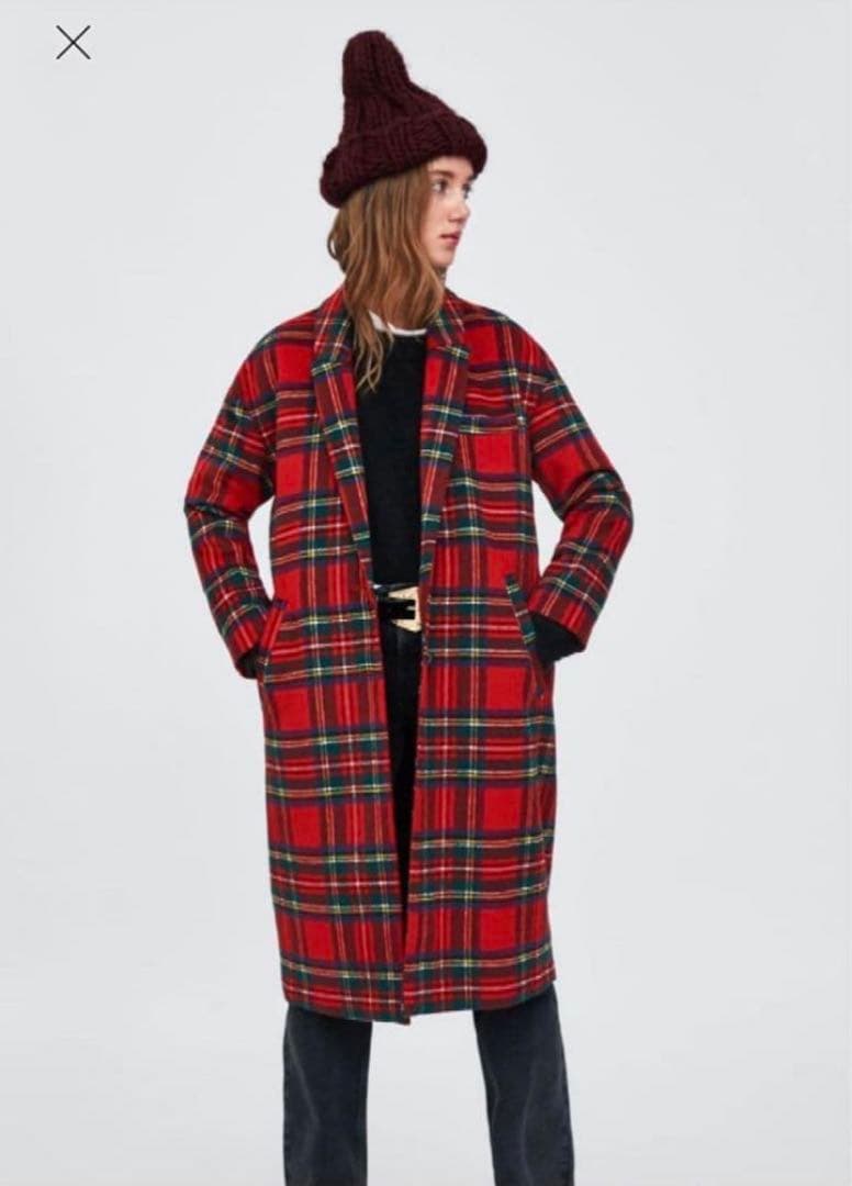ZARA trf チェック柄 赤　チェスターコート ロングコート　秋冬