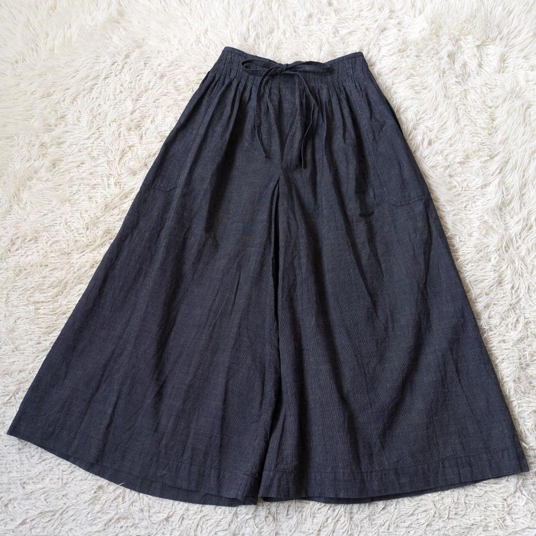 45R キュロットギャザーワイドパンツ　ストライプ　インディゴ　サイズ1 日本製