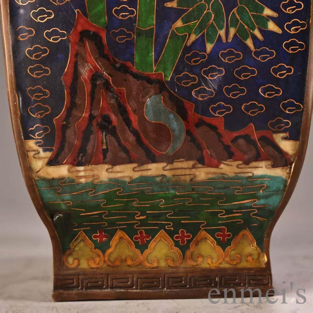 中国古美術 旧蔵 景泰藍七宝方瓶 梅・蘭・竹・菊 高浮雕鍛金 純銅 極細工 置物