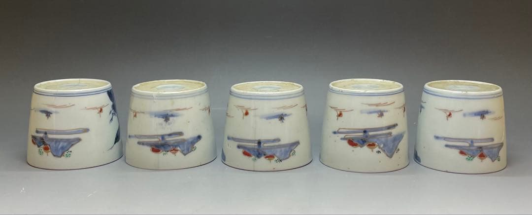 蕎麦猪口　楼閣山水図　古伊万里　切込　染錦　5客　C0095