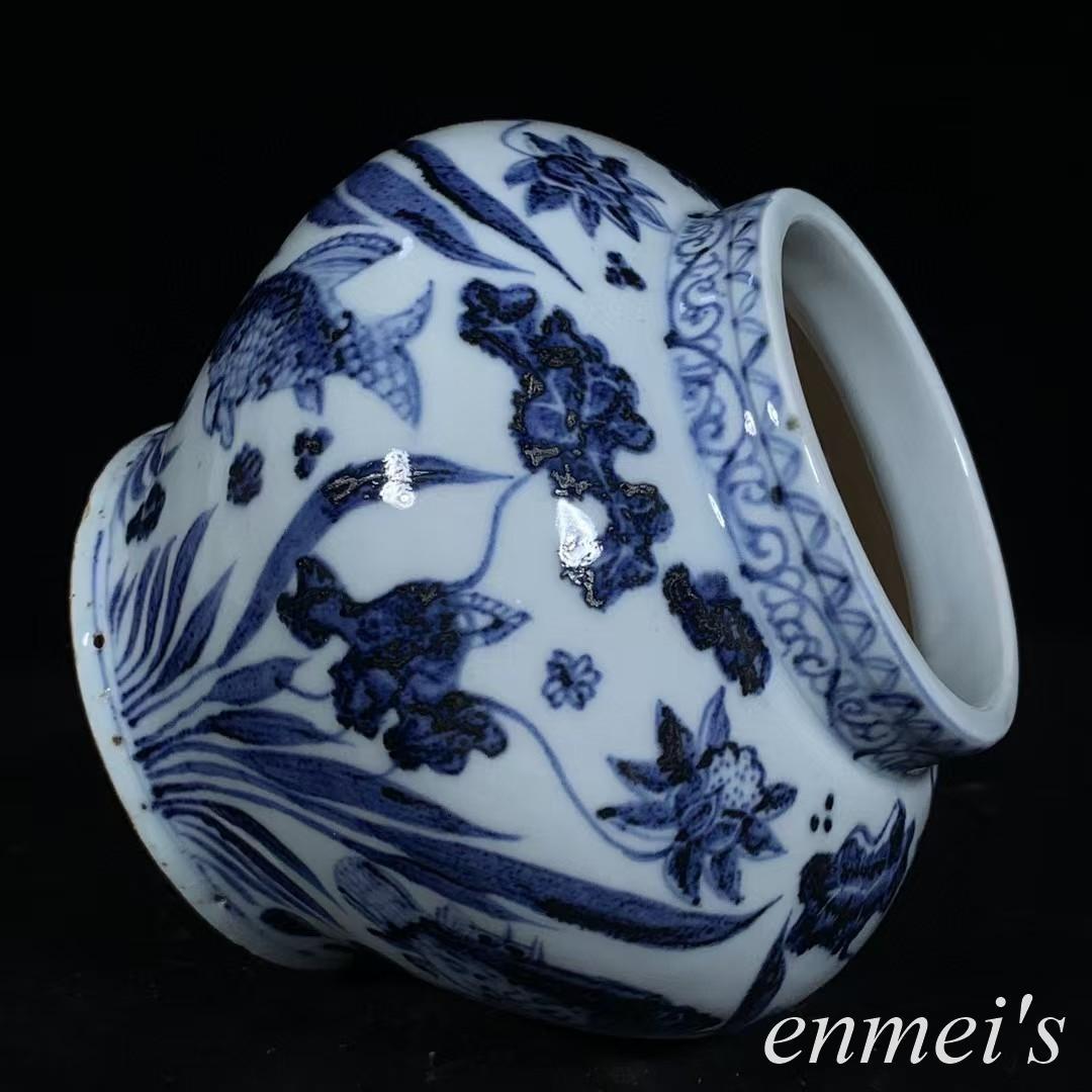 中国古美術・元款青花磁鱼藻紋罐・青花磁・純手描き・陶芸・花瓶・文房具・置物・書道