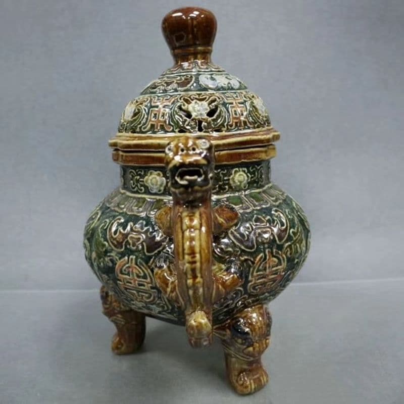 パステル福寿図紋磁器香炉 香道具 景徳鎮 工芸品 美術品 置物