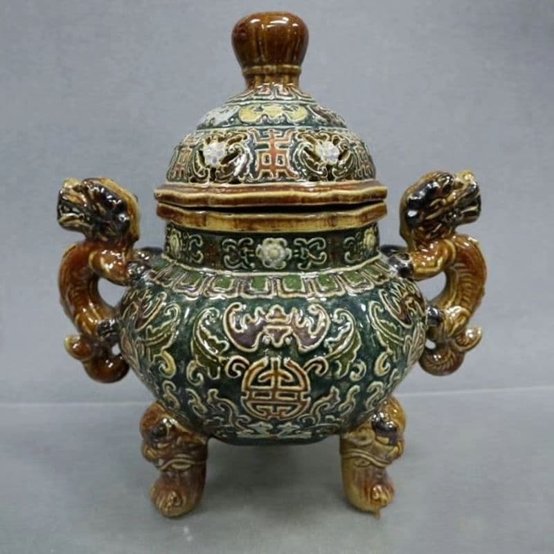 パステル福寿図紋磁器香炉 香道具 景徳鎮 工芸品 美術品 置物