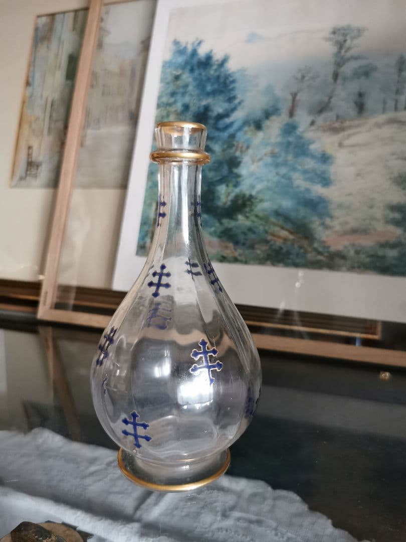 アンティーク ロレーヌ十字☨ エナメル碧 手描き金彩クリスタルデキャンタ