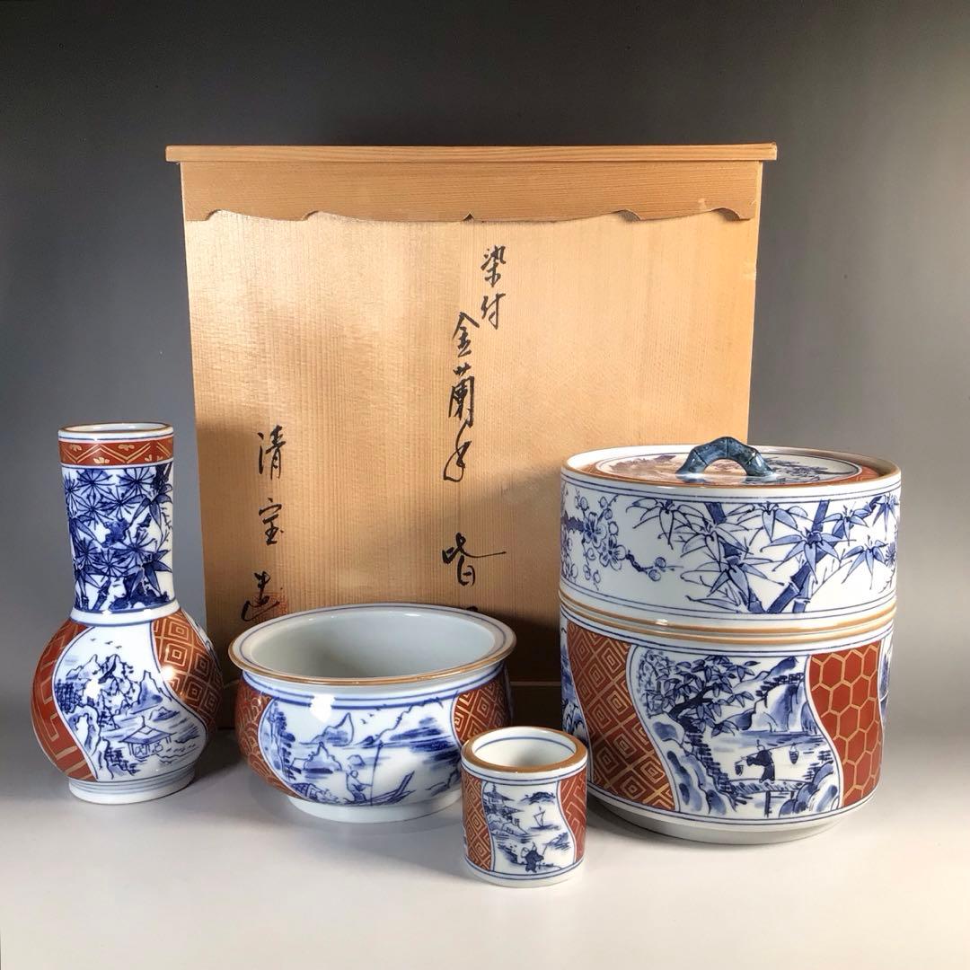 Ｎ７１　皆具　『清宝造』『染付金蘭手山水文』『水指　建水　蓋置　杓立』　共箱