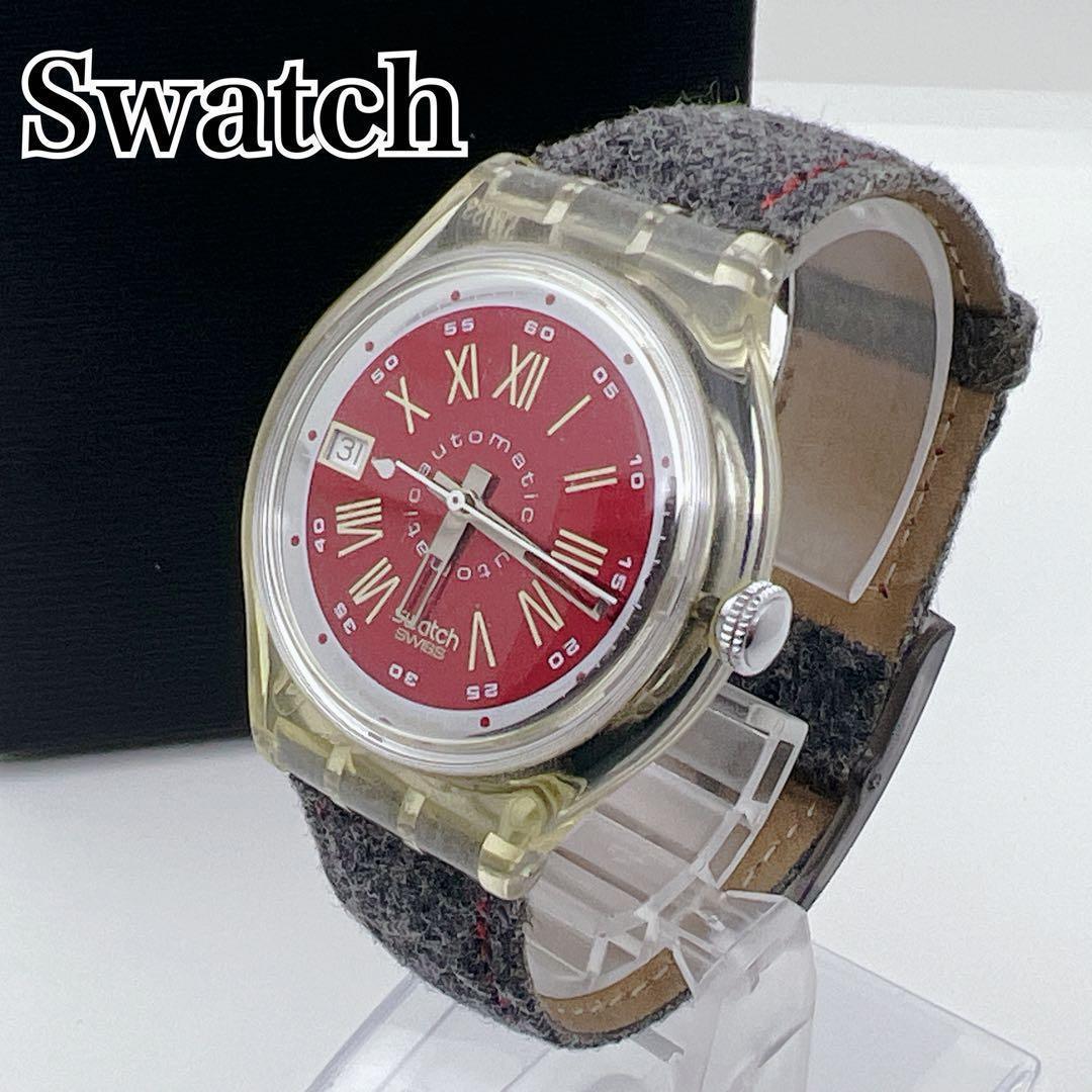 【希少】スウォッチ 自動巻き 23石 裏スケルトン 赤文字盤 腕時計 デイト