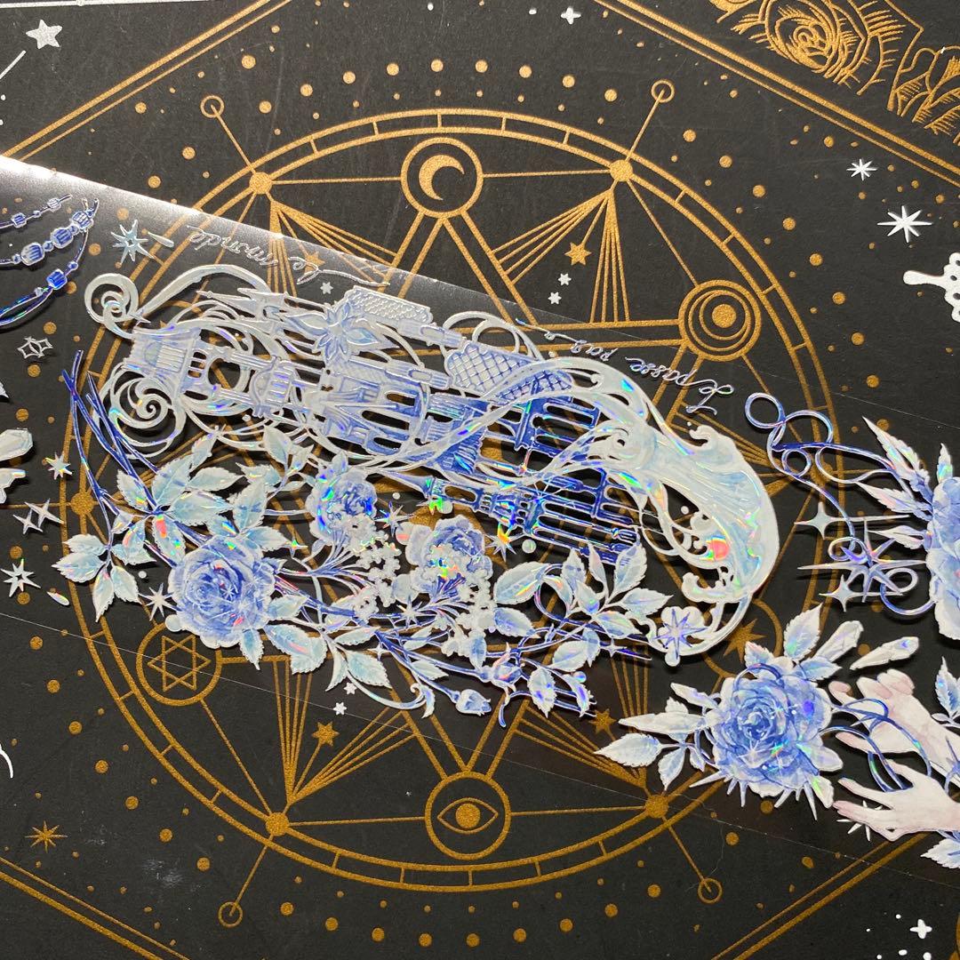 【9241】海外　マステ　中古巻　貝殻光マスキングテープ　月　お花　青い装飾系