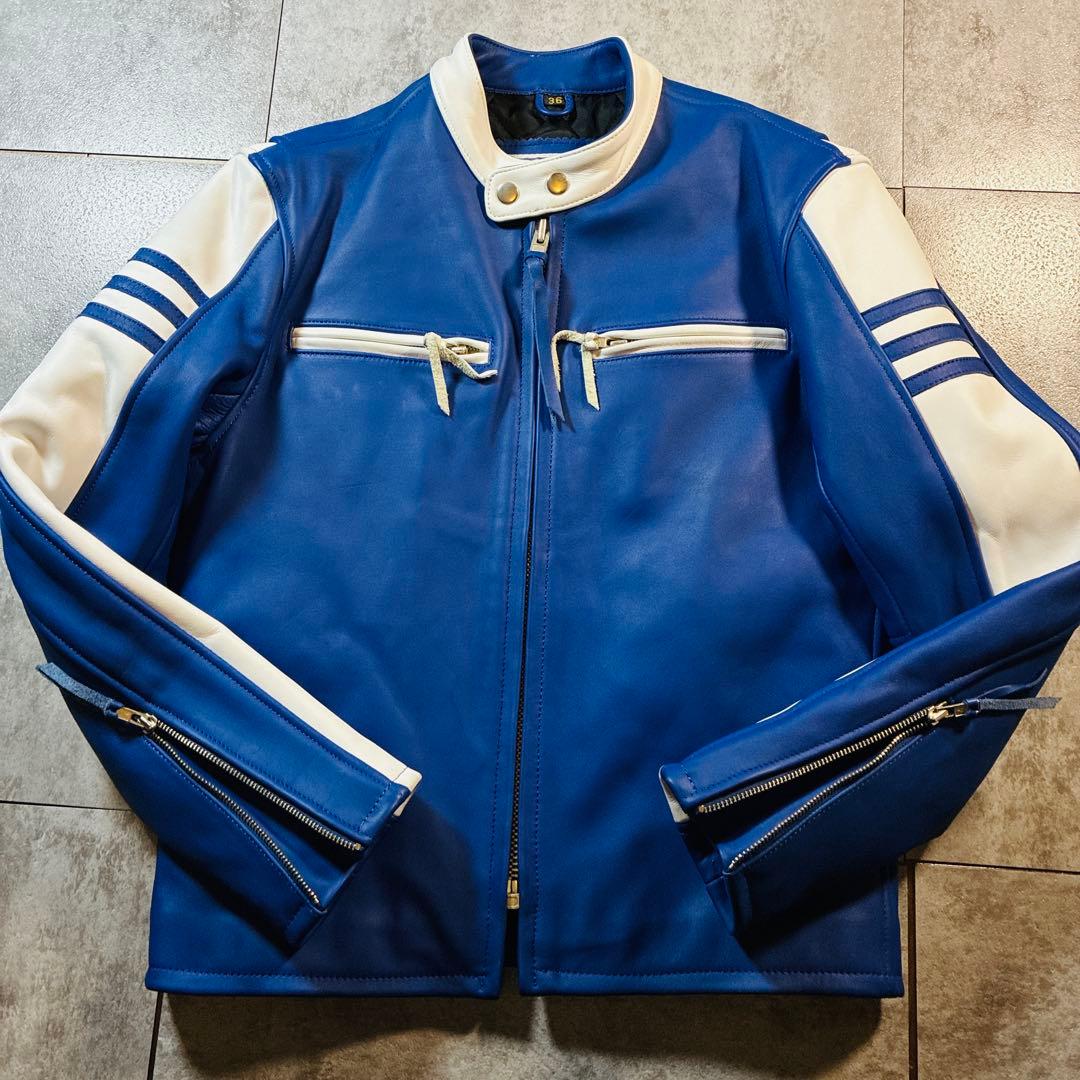 未使用級 美品 FREEDOM レザージャケット 36 ブルー×ホワイト 本革
