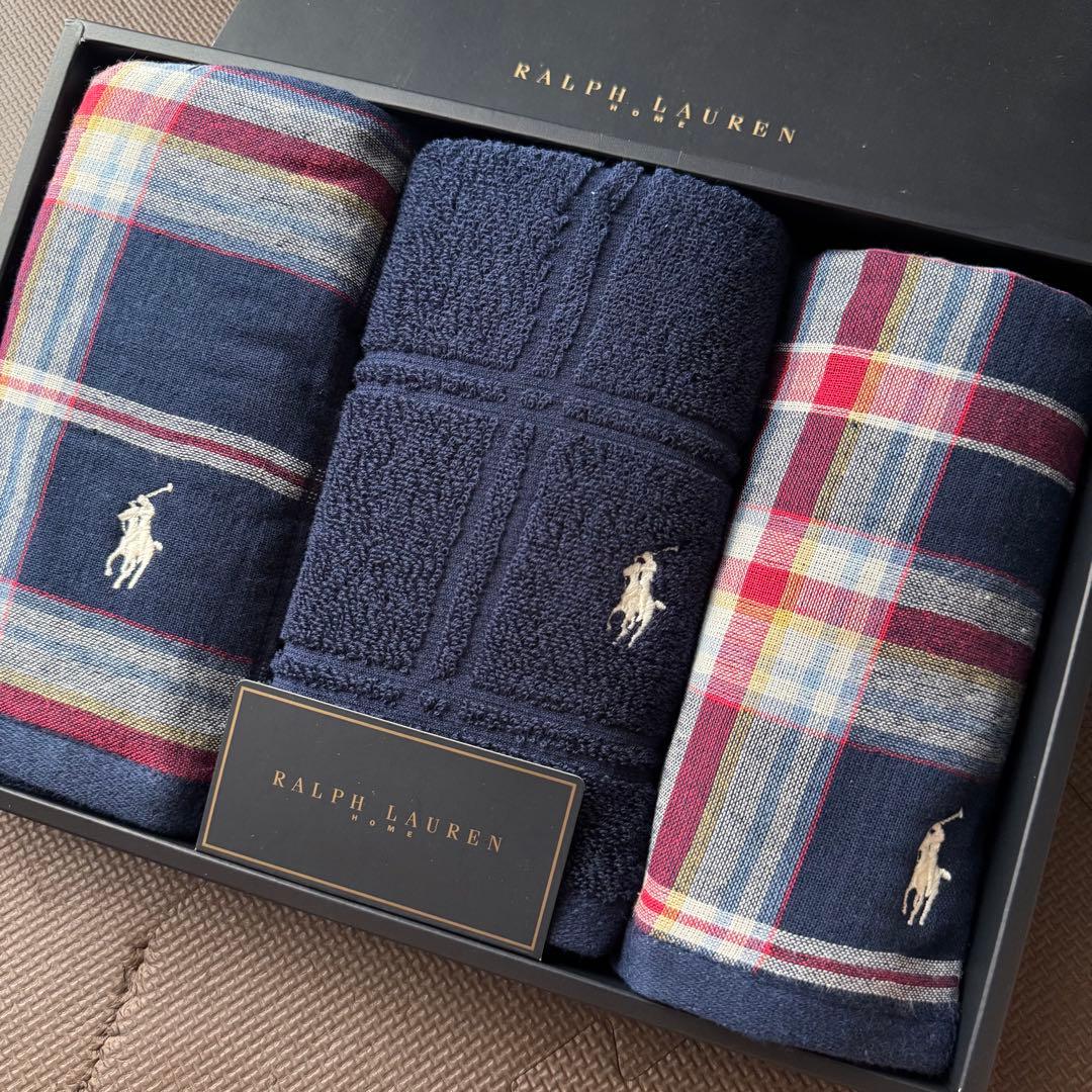 大人気・ロングサイズ・プレゼント・ネイビー❣️ラルフローレン ガーゼフェイスタオル