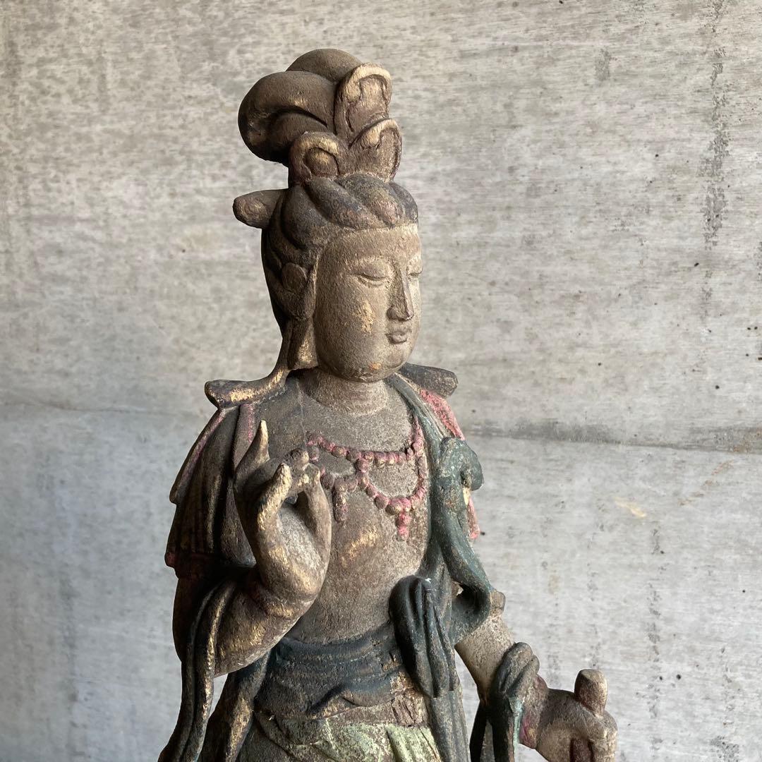 古い仏像 観音菩薩 立像 木製 木彫り 彫刻 置物 古美術 骨董品 レトロ