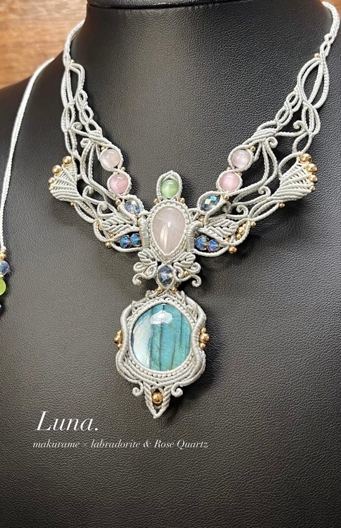 【handmade】マクラメ× ラブラドライト&ローズクォーツ ネックレス