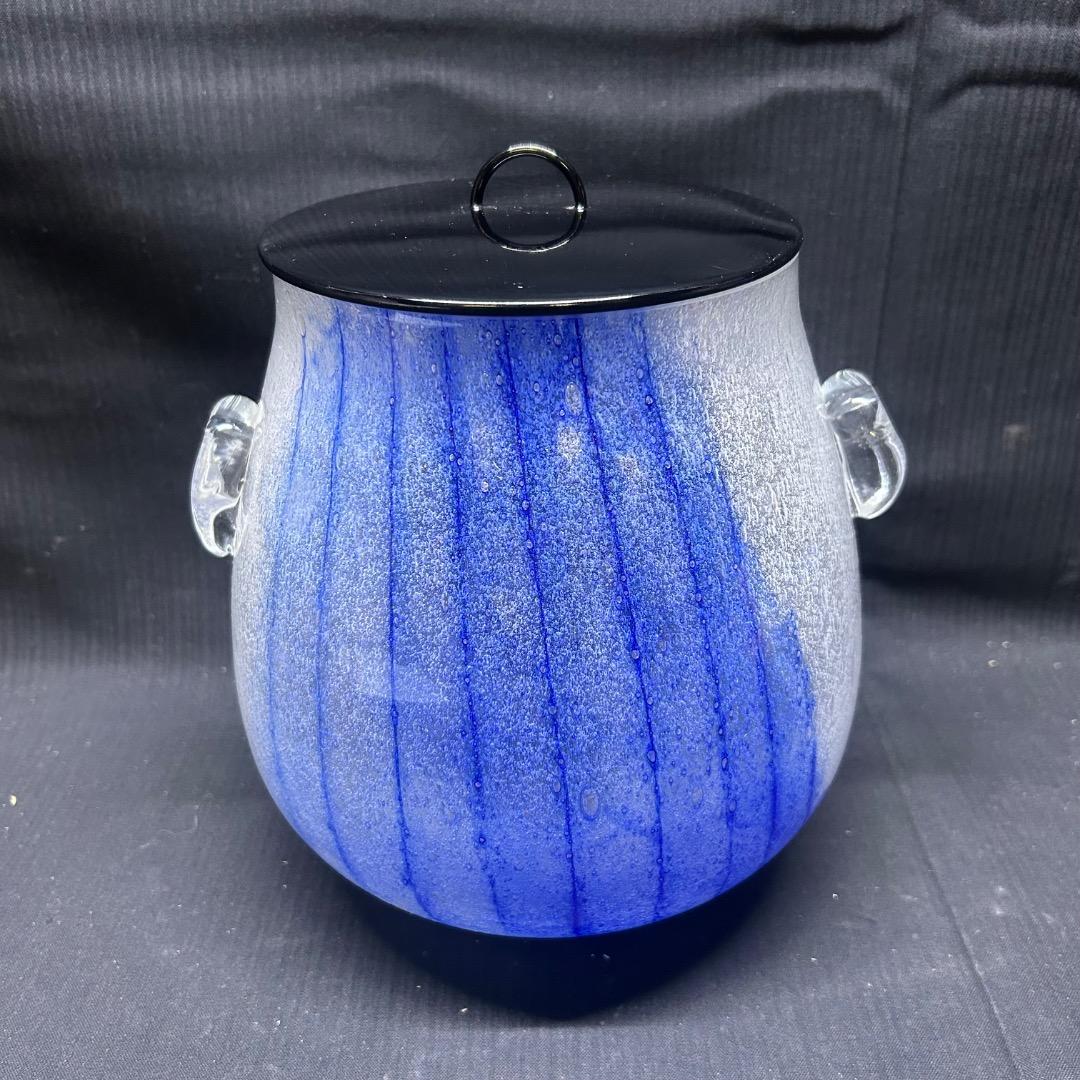 ▽Eb左1114 ガラス製 水指 漆蓋付き 琉球硝子？ 気泡 ガラス