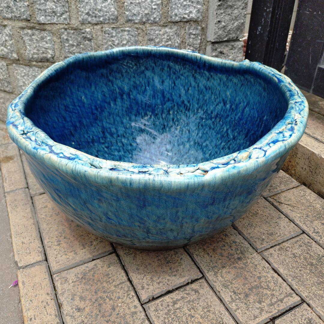 信楽焼　ブルー手作りめだか鉢　水連鉢　ビオトープ　直径49㌢