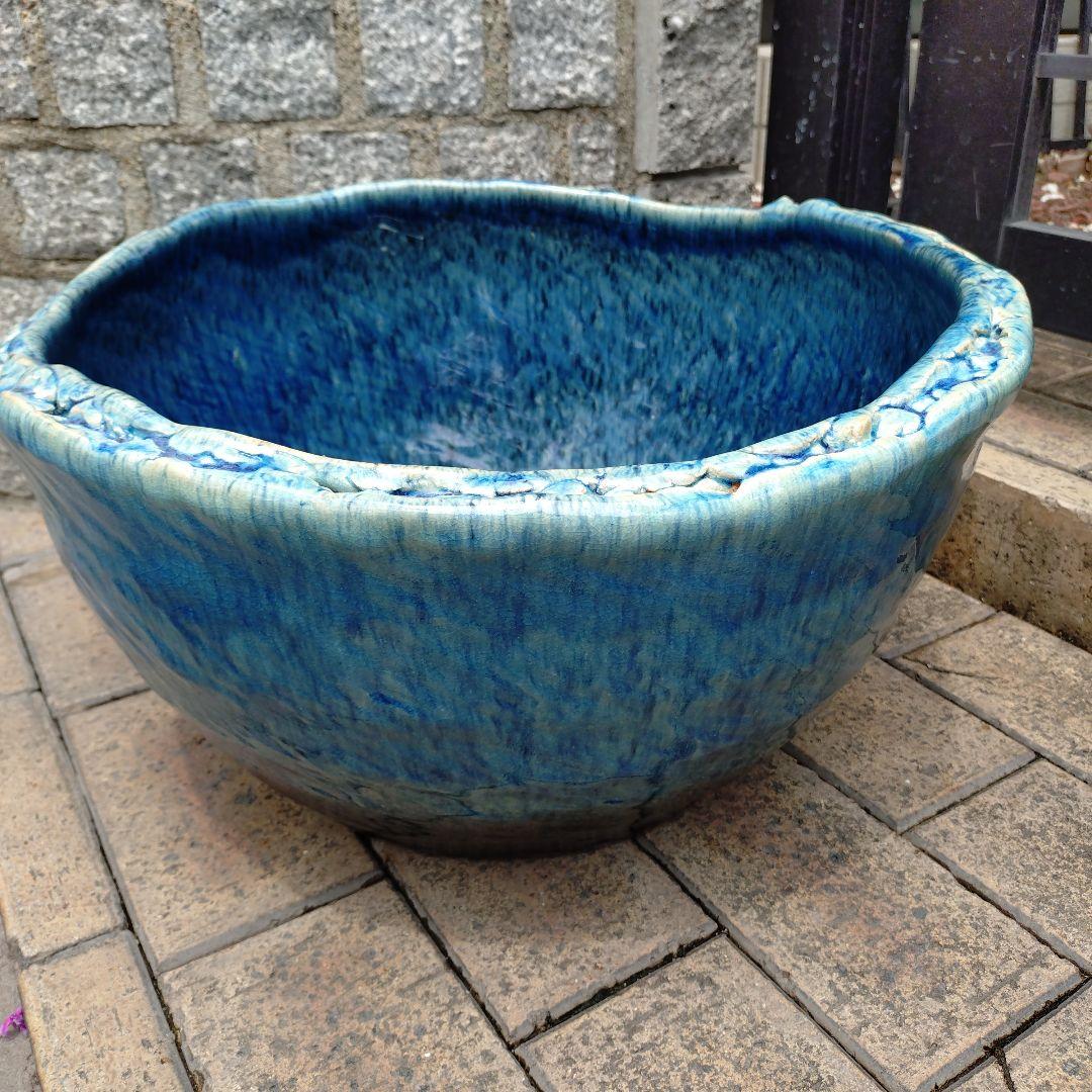 信楽焼　ブルー手作りめだか鉢　水連鉢　ビオトープ　直径49㌢