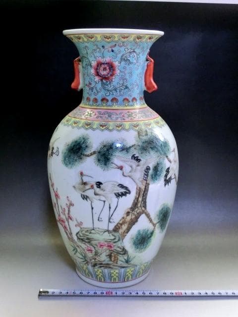 壷■鶴松竹梅耳付き大瓶 大清乾隆年製 伴富貴住田沸堂春 花瓶 花唐草紋 骨董品■