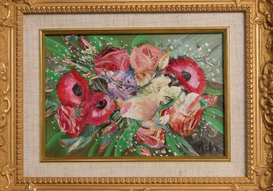 【真作】中島裕子 油彩 SM号「ファンタジーの花々」額装 ポピー 薔薇CM173