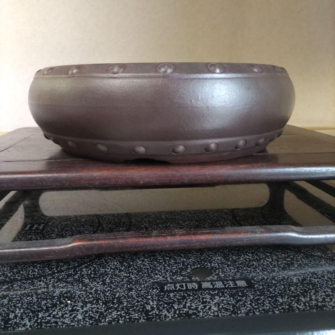 盆栽鉢、植木鉢、 時代鉢、 山秋 落款 、紫泥 、太鼓胴丸鉢、杭打ち鉢