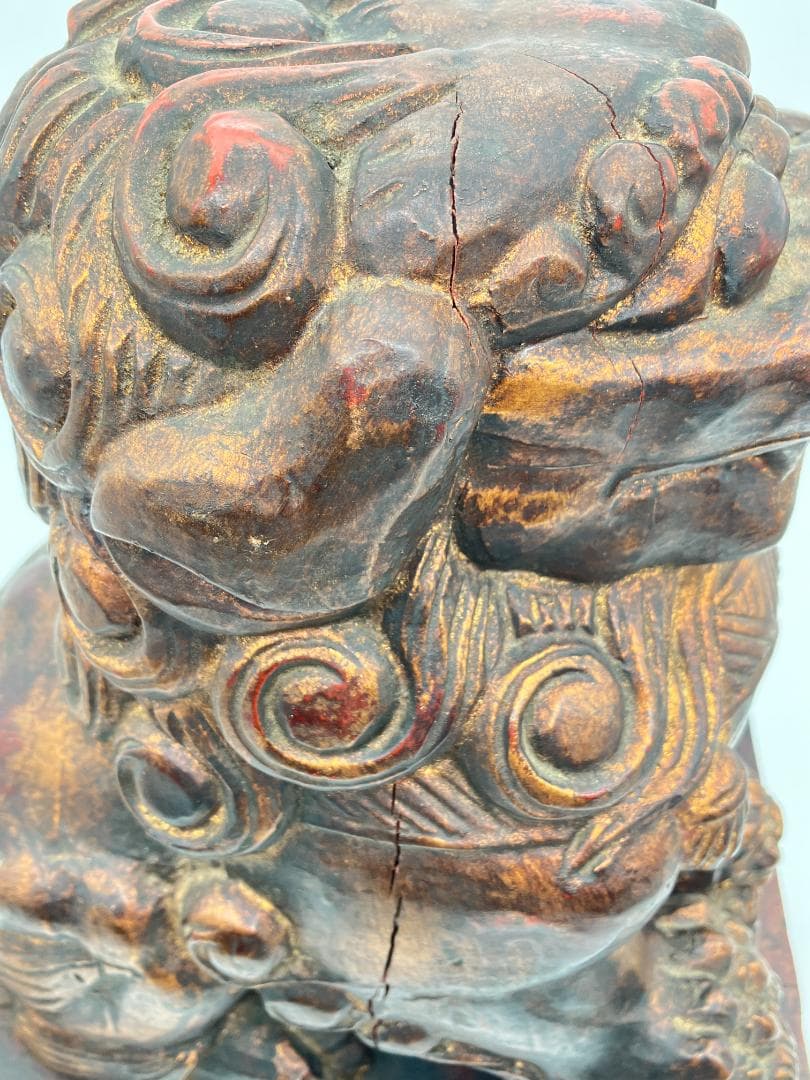 時代木製獅子　狛犬　一対　高さ：約４４ｃｍ　木彫り