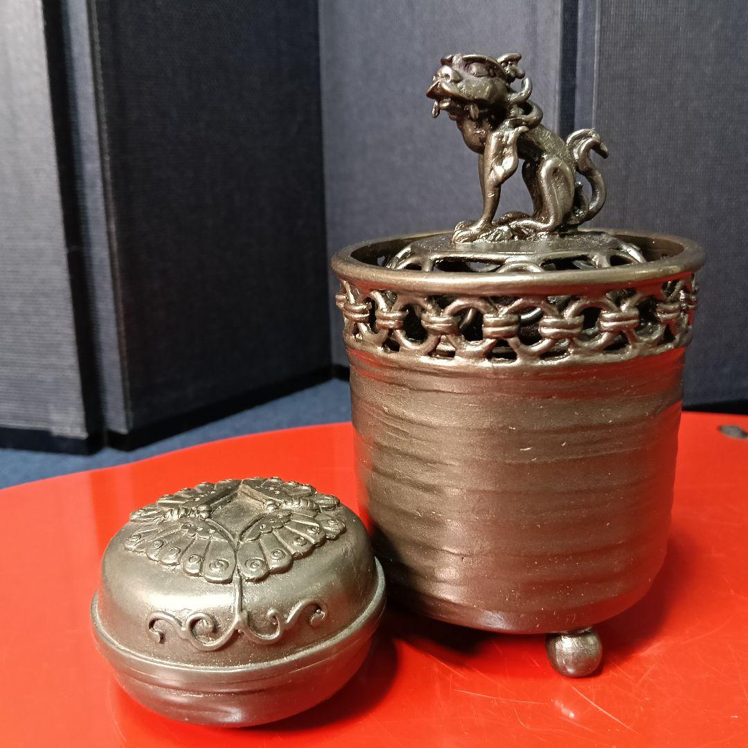 AO17 須賀月芳 香立 香合 共箱 栞 各共布 高岡銅器 二点揃 鋳銅製