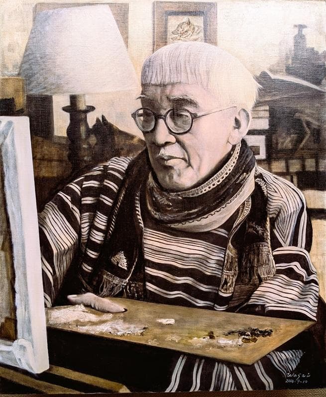 伊藤和生　藤田嗣治作「アトリエの自画像Ⅰ」白黒写真から油彩画にて模写 Ｆ20号