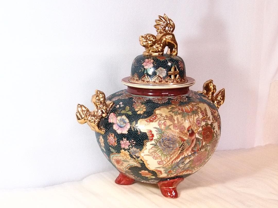 【希少・良品】薩摩焼 青粒金彩 花鳥図 大香炉 陶磁器 古道具/茶道具/香道具