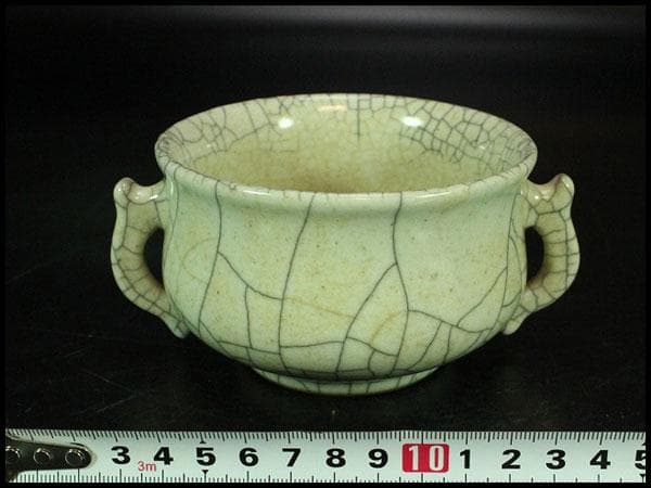 中国美術 哥釉 双耳 香炉(K-XA884)