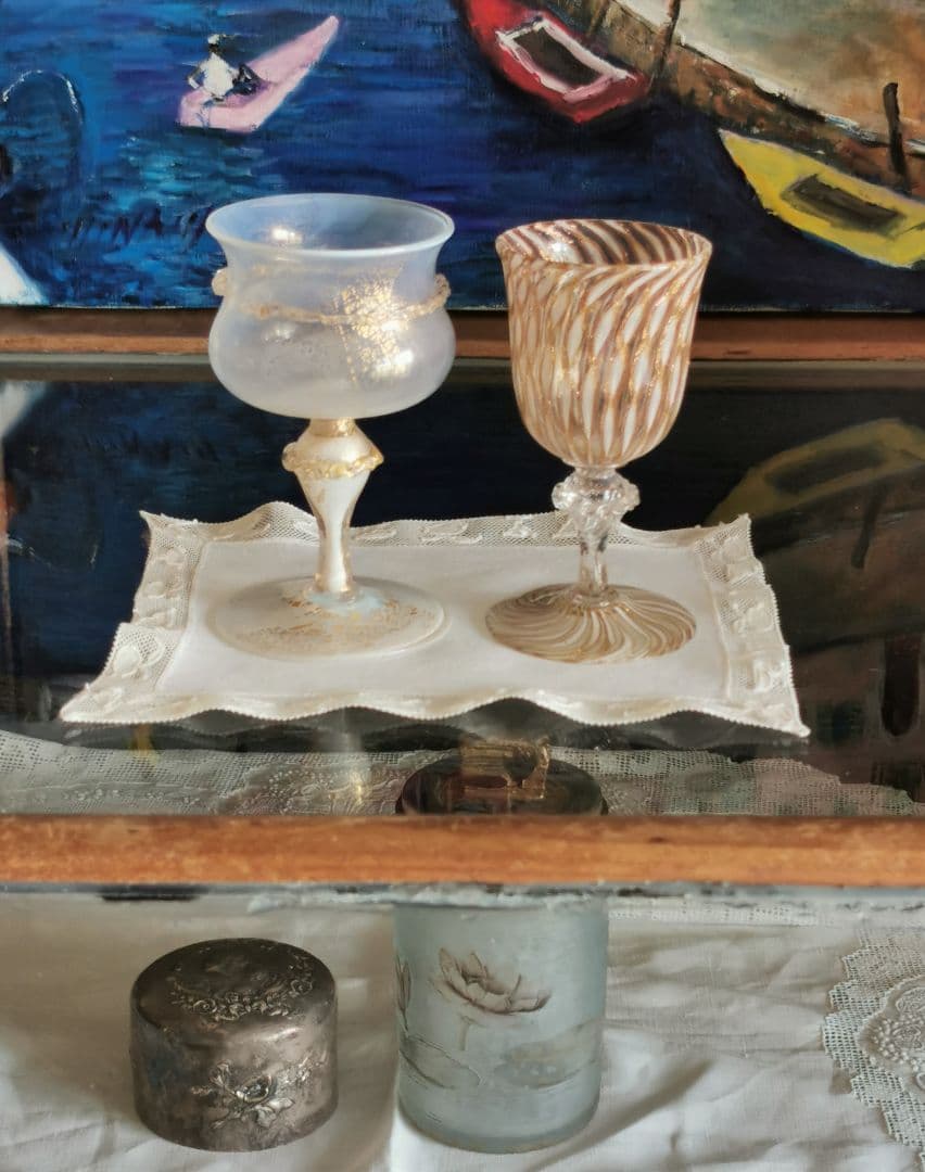 アンティーク カクテルグラス＆ゴブレット＆果実 手刺繍トリム 極薄クロス β