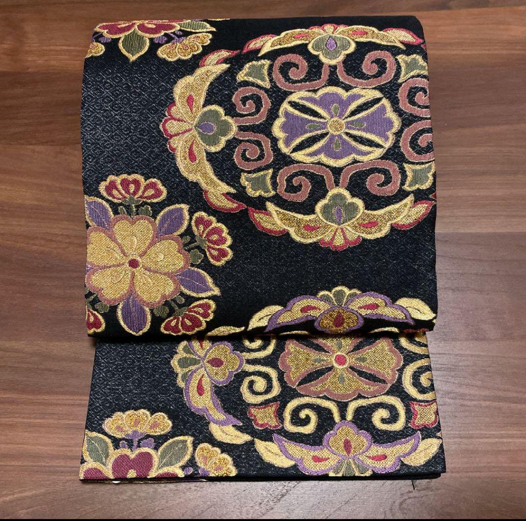 今だけ値下げ こむさでもーど 正絹 振袖用 黒地 華紋 六通 袋帯