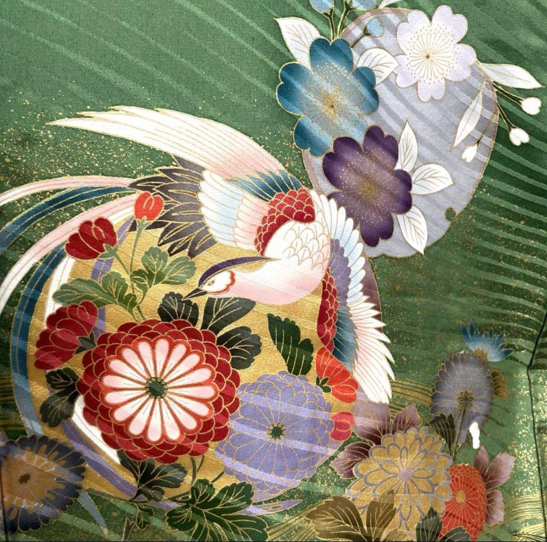 振袖　鳳凰梅　金駒刺繍　枝垂れ桜菊金彩　グリーン　正絹着物