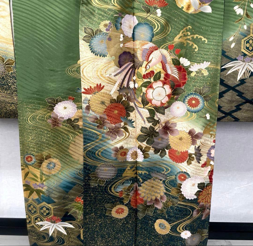 振袖　鳳凰梅　金駒刺繍　枝垂れ桜菊金彩　グリーン　正絹着物