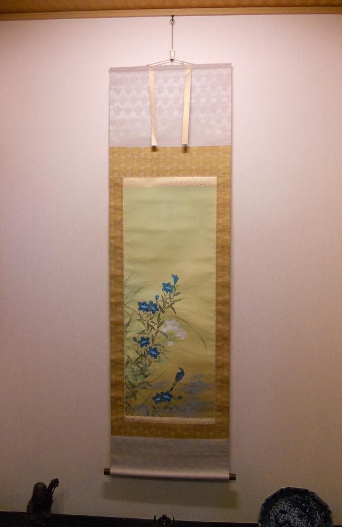 掛け軸 玉芳 『 桔梗 』 中島清堂 識箱 絹本 希少 軸装 茶道具 掛軸 美品