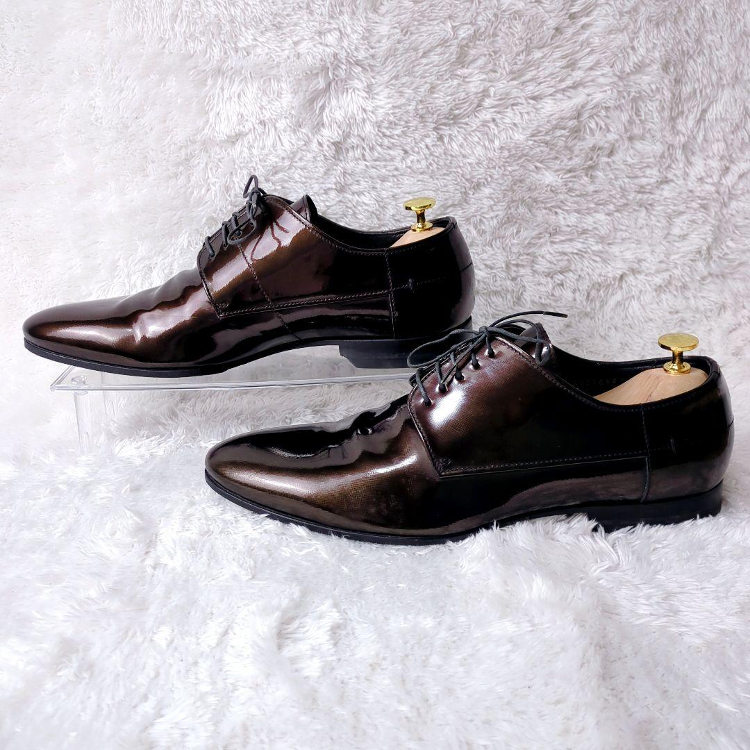 美品 ヒューゴボス ビジネスシューズ ドレスシューズ エナメル メンズ ブラウン