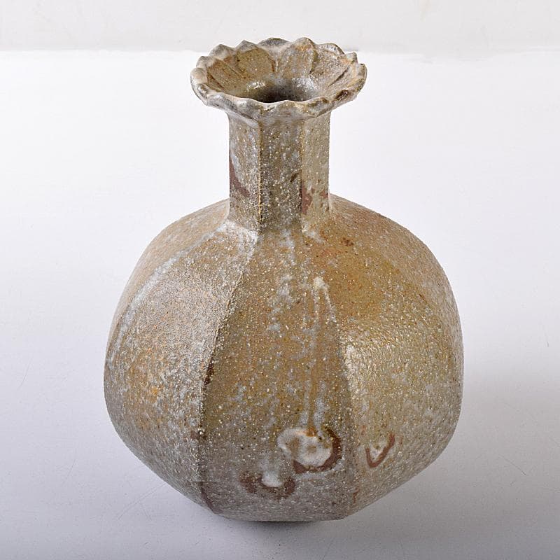 萬古焼　山本広巳作　輪花口　八角花入　共布共箱　V　R7981