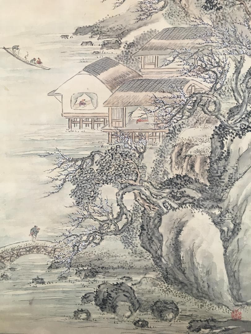 大迫力！[帆足杏雨・尺八絹本・山水図・元箱(箱書あり)]／豊後南画