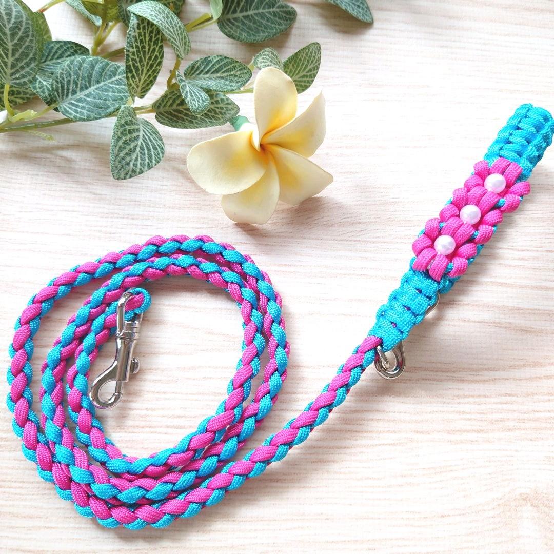 パラコードリード＆首輪　カフェリード　ハーフチョーク　ピンクお花　№082