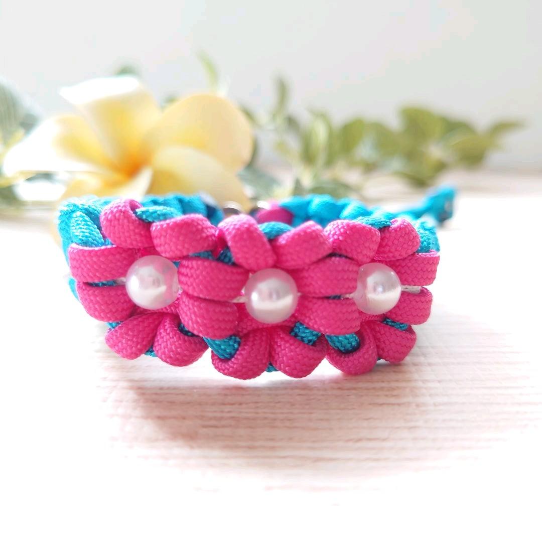 パラコードリード＆首輪　カフェリード　ハーフチョーク　ピンクお花　№082