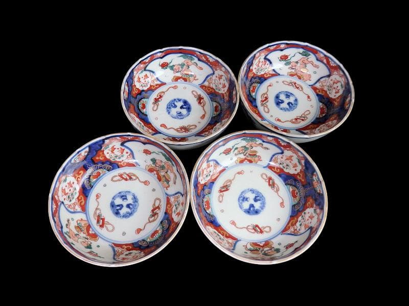 古伊万里　色絵　獅子に波千鳥の図　膾皿　春寒鉢　４客　 CZd