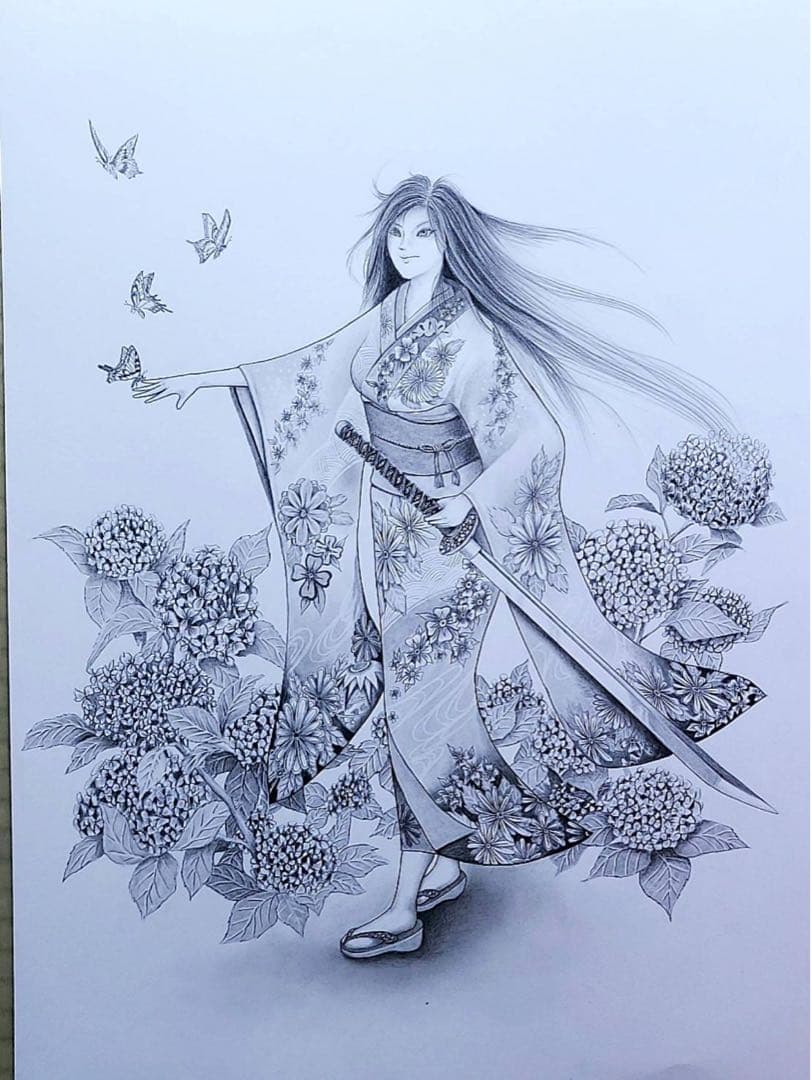 日本人 女性 着物姿 (鉛筆画)