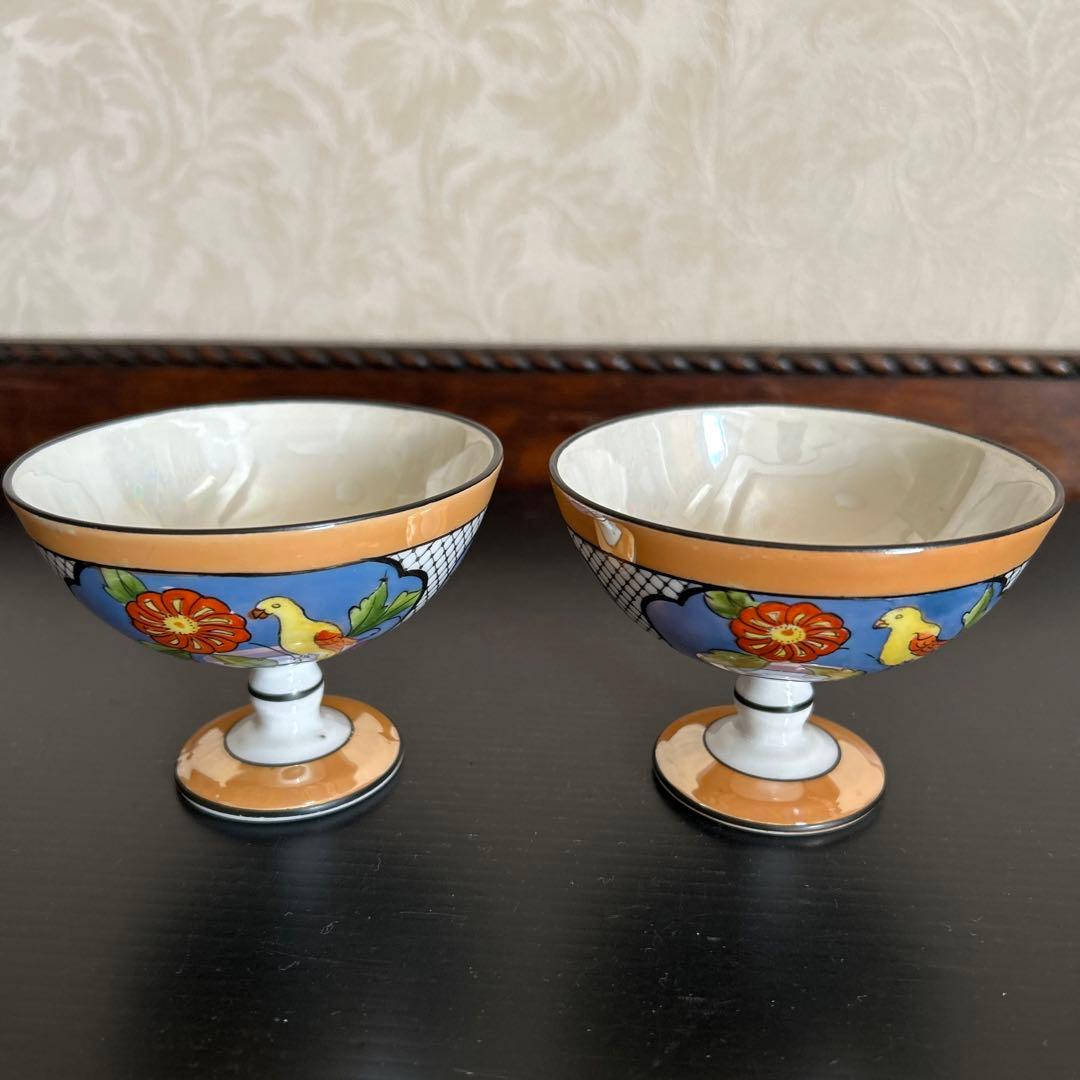 オールドノリタケ　ラスター彩 バード&フラワー図　カップ2客