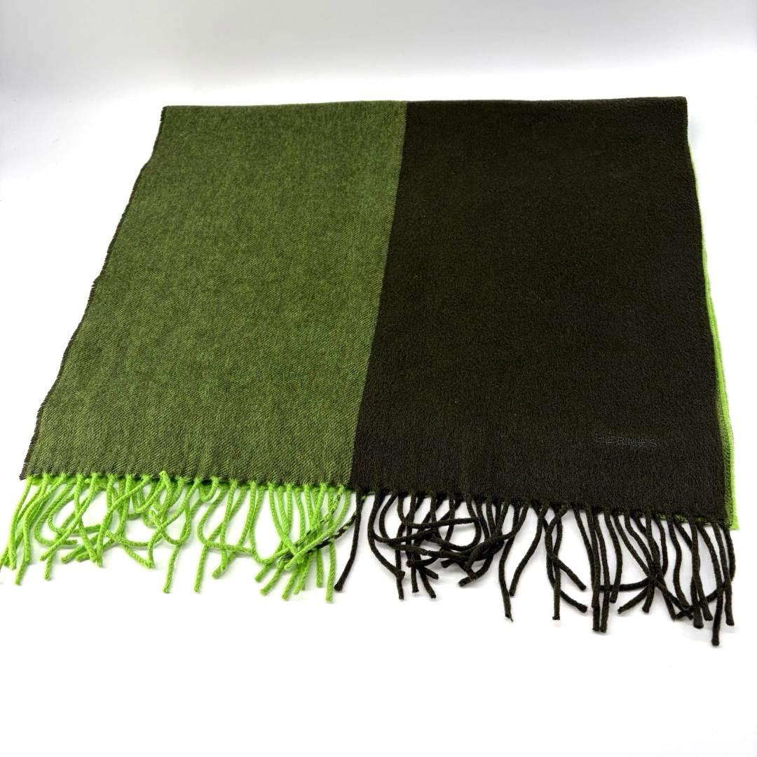 16743✨レア✨HERMES カシミヤ100% 刺繍ロゴ バイカラー マフラー