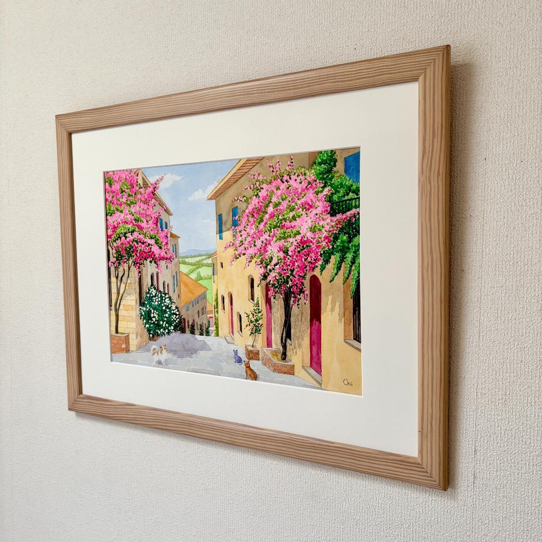 透明水彩画　原画　「花の咲く路地08」額縁付　B3サイズ　風景画